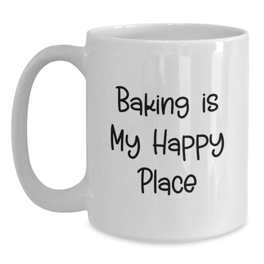 Baking Gifts for Men, Funny White Coffee Mug, Gifts from Dad, 'Baking Is My Happy Place' Quote - Main