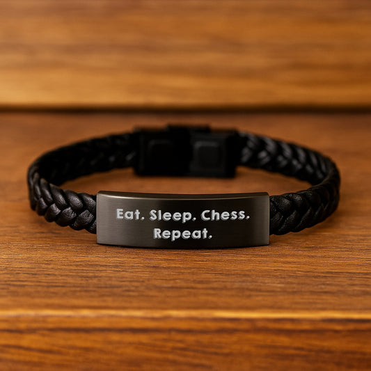 Funny Chess Gifts for Men, Interlaced Leather Bracelet for Birthday Unique Gifts from Friends, 'Eat. Sleep. Chess. Repeat.' Quote - Image 2