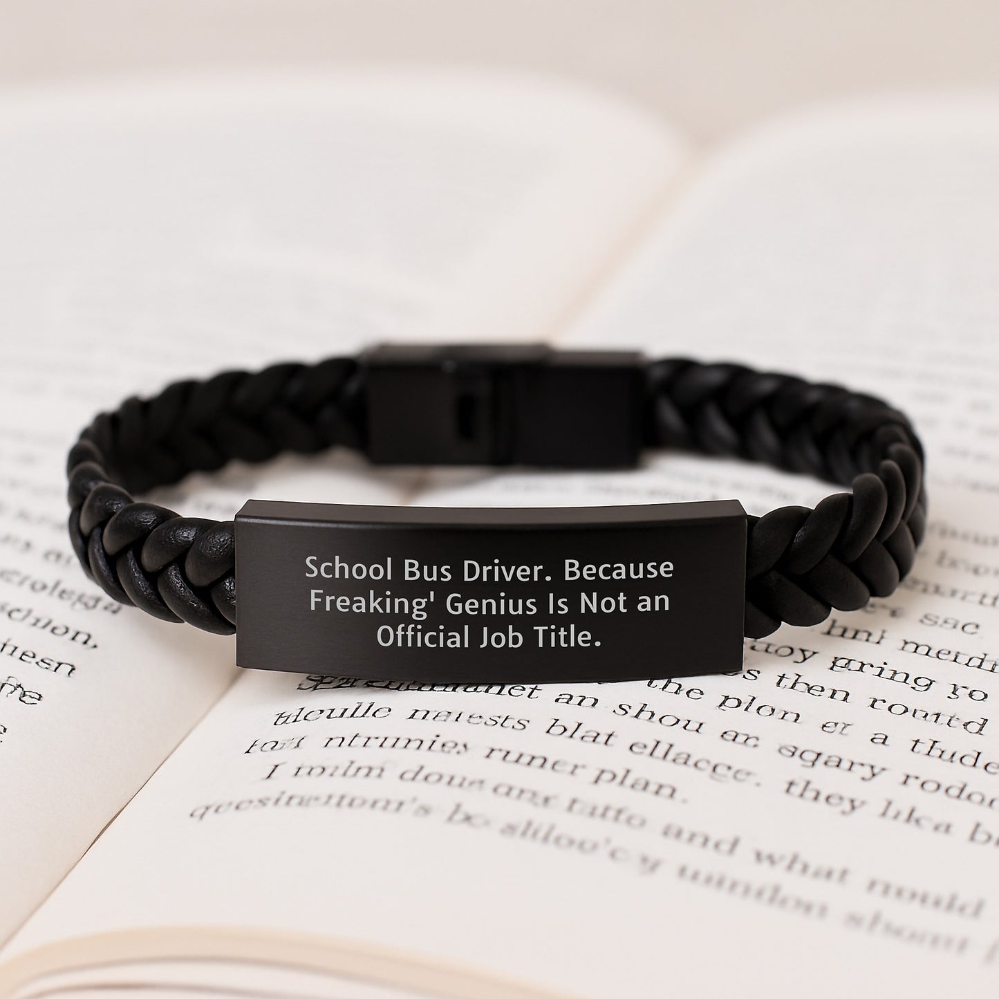 Funny Inspirational School Bus Driver Gifts for Men - Interlaced Leather Bracelet Engraved with "Freaking' genius Is Not An Official Job Title" Quote, Gifts from Family - Image 3