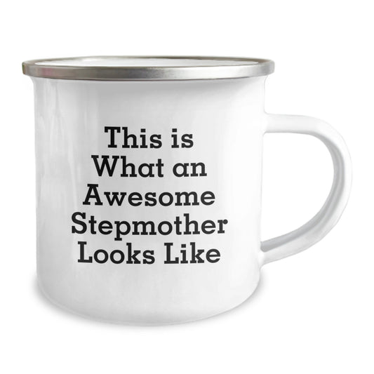 Funny Stepmother Gifts for Her, This Is What An Awesome Stepmother Looks Like Camping Mug, 12 oz Stainless Steel Enamel Finish, Gifts from Family to Stepmom - Image 2