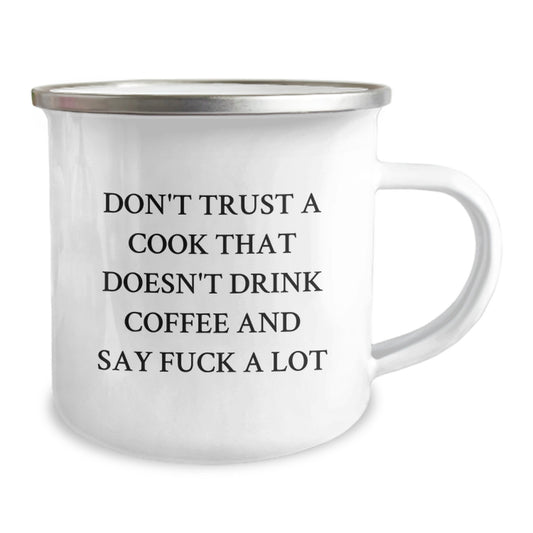 Funny Camping Mug for Cooks, Valentine's Unique Gifts from Friends to Family, Don't Trust a Cook Quote, 12 oz Stainless Steel Enamel Finish - Image 2