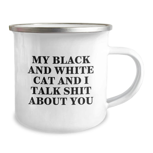 Funny Black and White Cat Gifts from Women for Friends - My Black and White Cat And I Talk Shit About You Camping Mug, Unique Mother's Day Unique Gifts for Cat Lovers, Stainless Steel Enamel Finish - Image 2