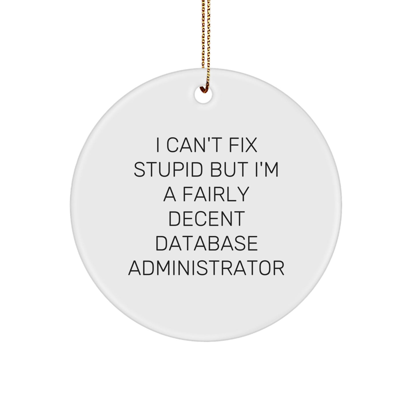Funny Database Administrator Gifts for Men Women Friends Coworkers Family, Unique Christmas Circle Ornament, 'I Can't Fix Stupid But I'm A Fairly Decent Database Administrator' - Image 1