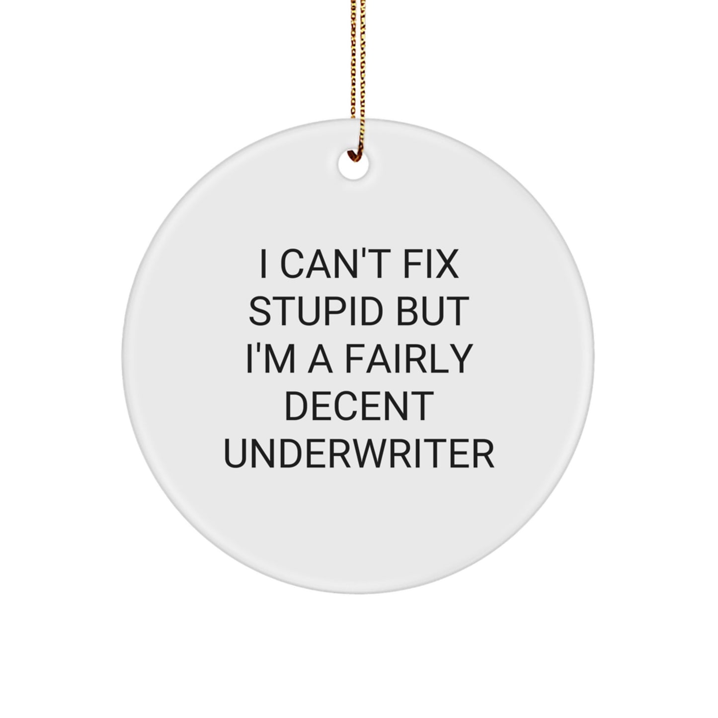 Funny Underwriter Gifts - 'I Can't Fix Stupid But I'm A Fairly Decent Underwriter' Circle Ornament for Christmas - Image 1