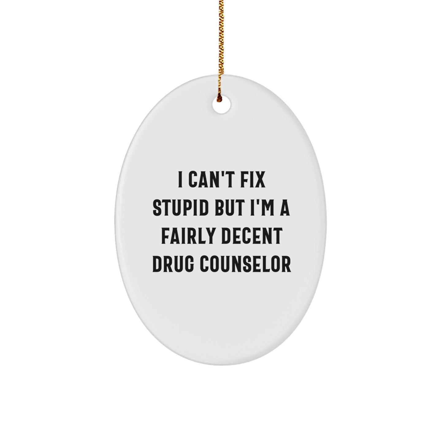Funny Drug Counselor Gifts from Friends, Christmas Unique Oval Ornament for Drug Counselor, 'I Can't Fix Stupid But I'm A Fairly Decent' Decoration - Image 1