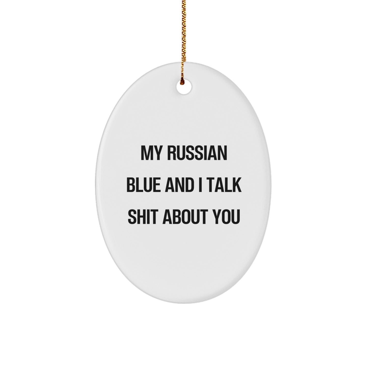 Funny Russian Blue Cat Oval Christmas Ornament Gift for Friends - Image 1
