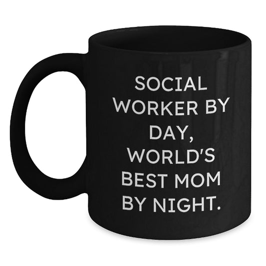 Funny Social Worker Gifts, Birthday Unique Mugs for Social Worker, Black Coffee Mug with 'Social Worker By Day, World's Best Mom By Night.' - Main