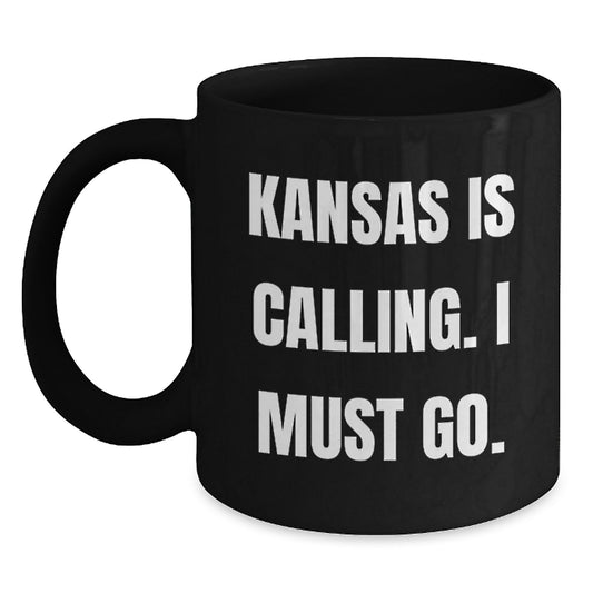 Kansas Enthusiast Funny Black Coffee Mugs Gifts from Kansas for Friends Birthday, 'Kansas Is Calling. I Must Go.', Black Ceramic Mug, 11oz or 15oz, Microwave and Dishwasher Safe - Main