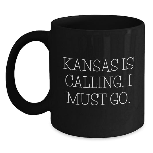 Funny Kansas Gifts from Friends and Family for Birthday Unique Mugs - Kansas Is Calling. I Must Go. Black Coffee Mug - Main