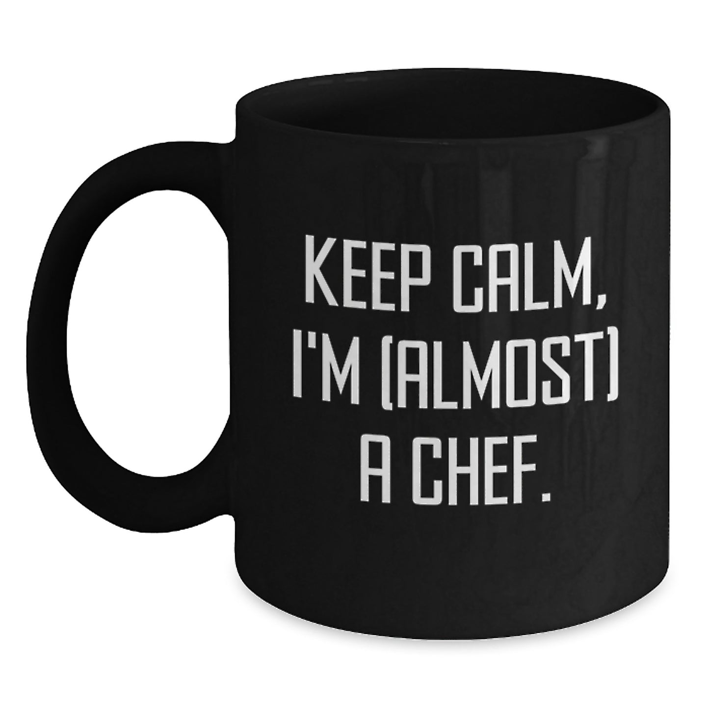 Funny Graduation Unique Gifts for Men Friends Family - 'Keep Calm, I'm (almost) A Chef' Black Coffee Mug - Main