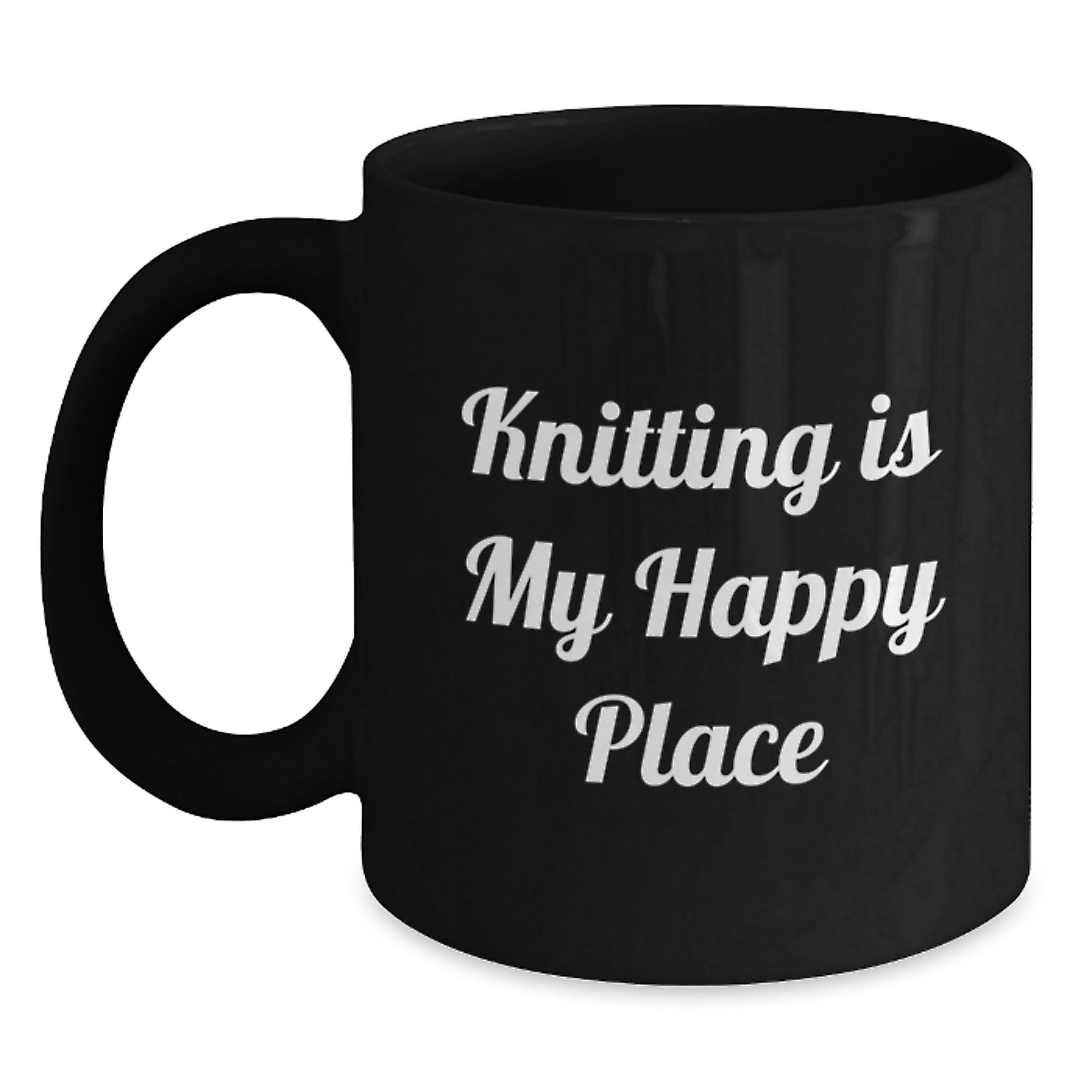 Funny Knitting Gifts for Graduation, Unique Black Coffee Mug with Knitting Is My Happy Place Quote, Gifts from Friends, Family or Coworkers - Main