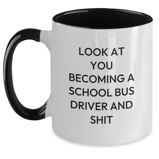 Funny School Bus Driver Gifts from Mom for School Bus Driver, Two Tone Coffee Mug, Mom's Humorous Take on Becoming a School Bus Driver - Main