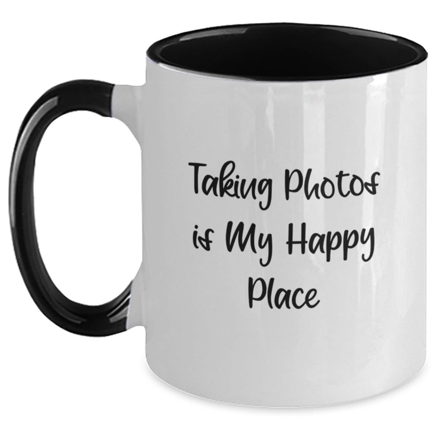 Taking Photos Gifts from Friends for Taking Photos Lovers, Two Tone Coffee Mug, Funny Quote 'Taking Photos Is My Happy Place' for Graduation Unique Gifts - Main