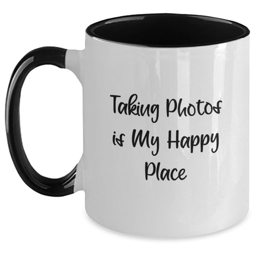 Taking Photos Gifts from Friends for Taking Photos Lovers, Two Tone Coffee Mug, Funny Quote 'Taking Photos Is My Happy Place' for Graduation Unique Gifts - Main