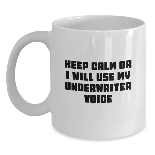 Funny Underwriter Gifts from Men for Mother's Day Unique White Coffee Mug with Keep Calm Or I Will Use My Underwriter Voice Quote - Main