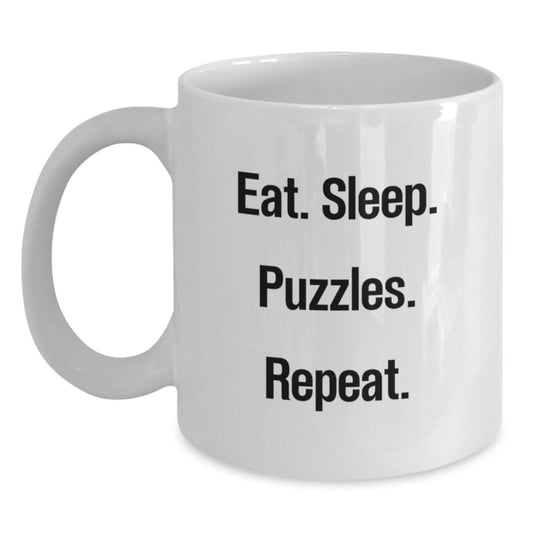 Funny Puzzle Lovers White Coffee Mug Gifts from Friends and Family for Puzzle Enthusiasts on Valentine's, Eat. Sleep. Puzzles. Repeat. - Main