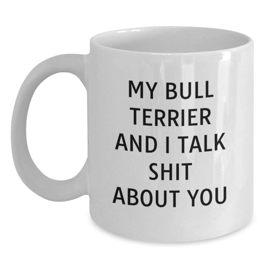 Funny Bull Terrier Dog Lover Gifts from Men to Friends - My Bull Terrier And I Talk Shit About You White Coffee Mug for Graduation Unique Gifts - Main