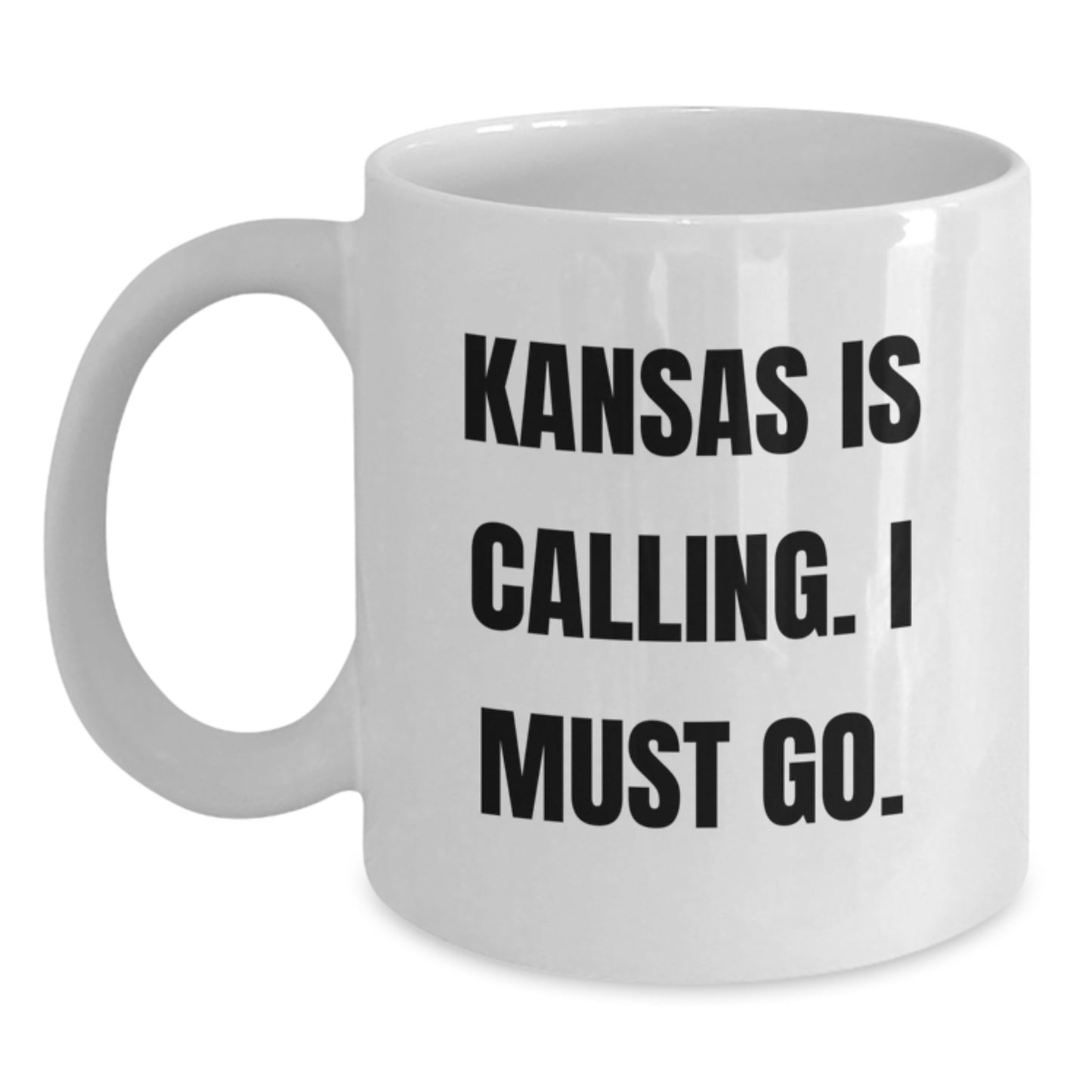 Kansas Gifts, Funny White Coffee Mug, 'Kansas Is Calling. I Must Go.' Quote Gifts for Kansas Lovers - White 11oz or 15oz Ceramic Coffee Mug for Birthday Unique Gifts from Friends to Family - Main