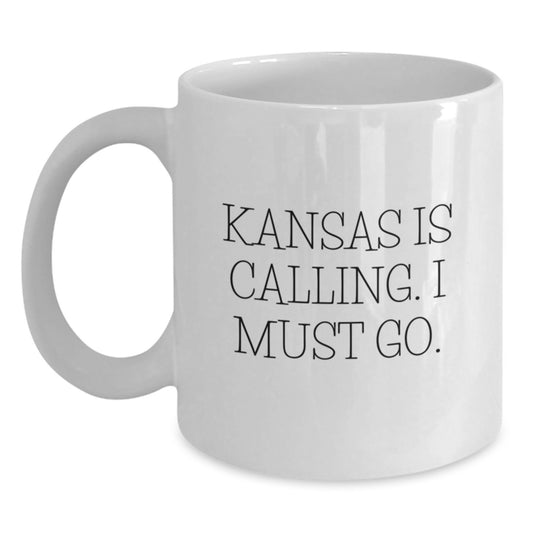 Funny Kansas State Gifts from Men to Friends, Cute White Coffee Mug for Birthday Unique Gifts, Inspirational Quote - 'Kansas Is Calling. I Must Go.' - Main