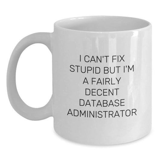 Gifts for Database Administrator Friends Funny White Coffee Mug, I Can't Fix Stupid But I'm A Fairly Decent Database Administrator, White Mug for Men, Unique Graduation Gifts from Family - Main