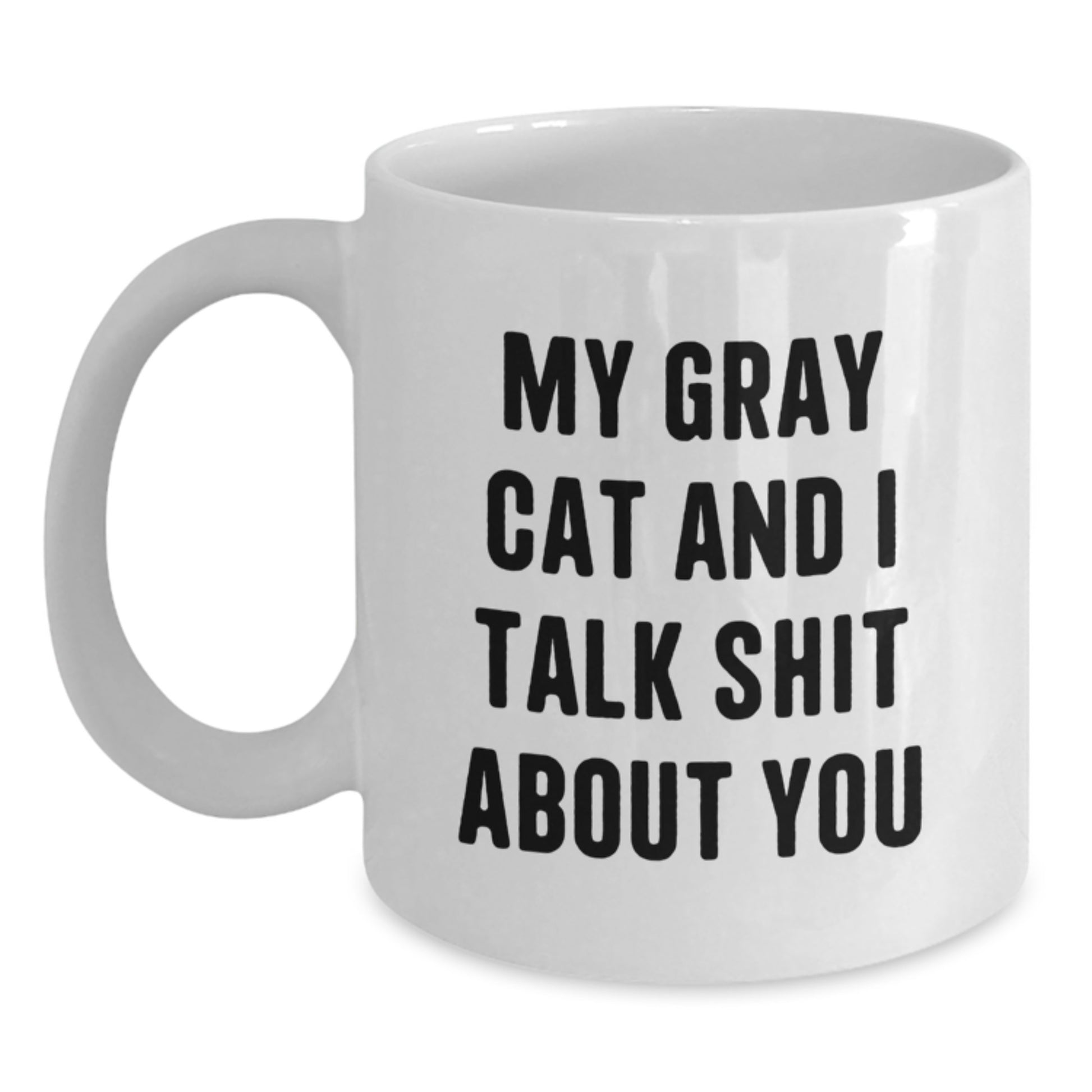 Funny Gray Cat Gifts for Dad - Unique White Coffee Mug with 'My Gray Cat And I Talk Shit About You' Quote - Great Gifts from Family or Friends for Father's Day - Main