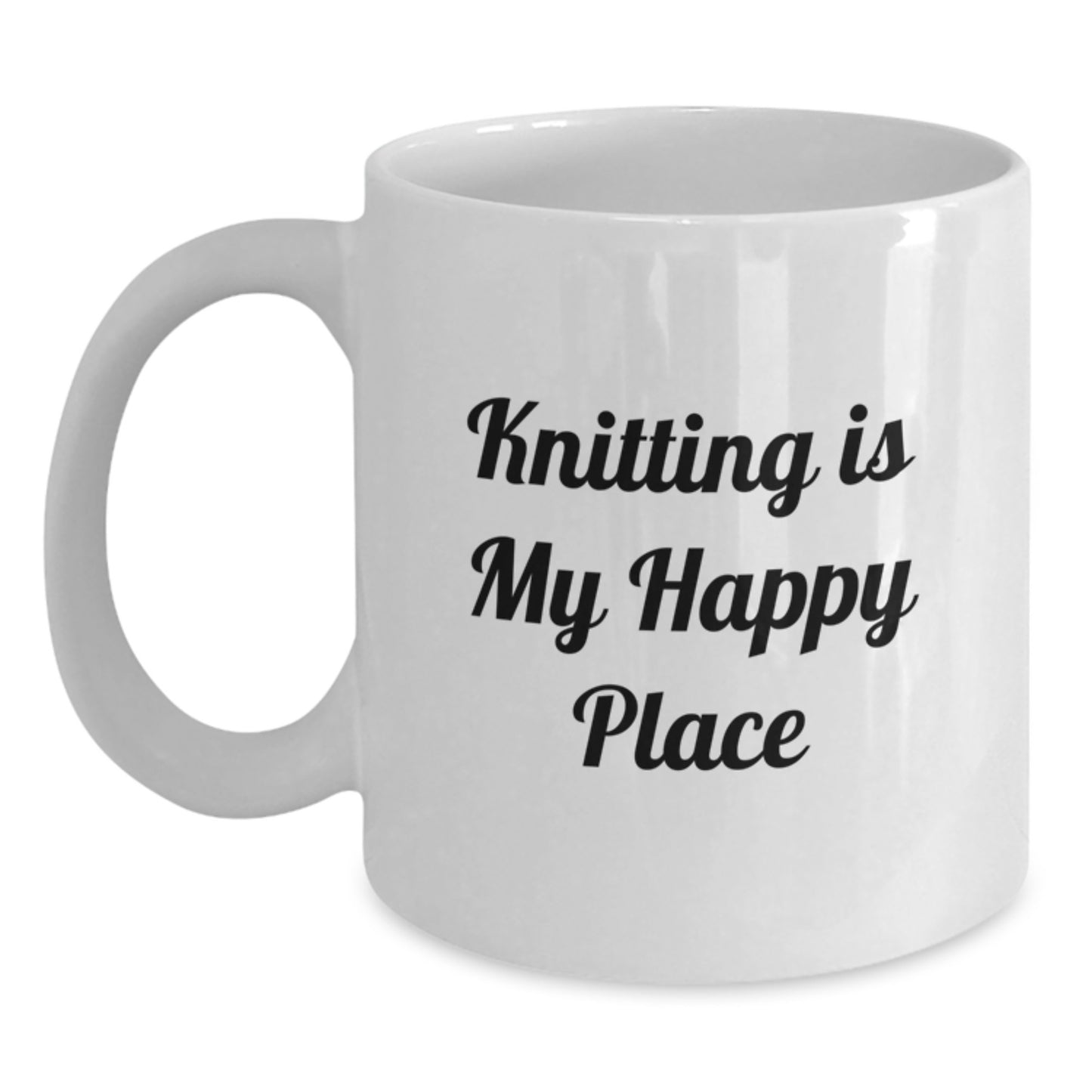 Funny Knitting Lover Gifts from Family for Graduation Unique White Coffee Mug, 'Knitting Is My Happy Place' Quote, 11oz or 15oz Ceramic Mug - Main