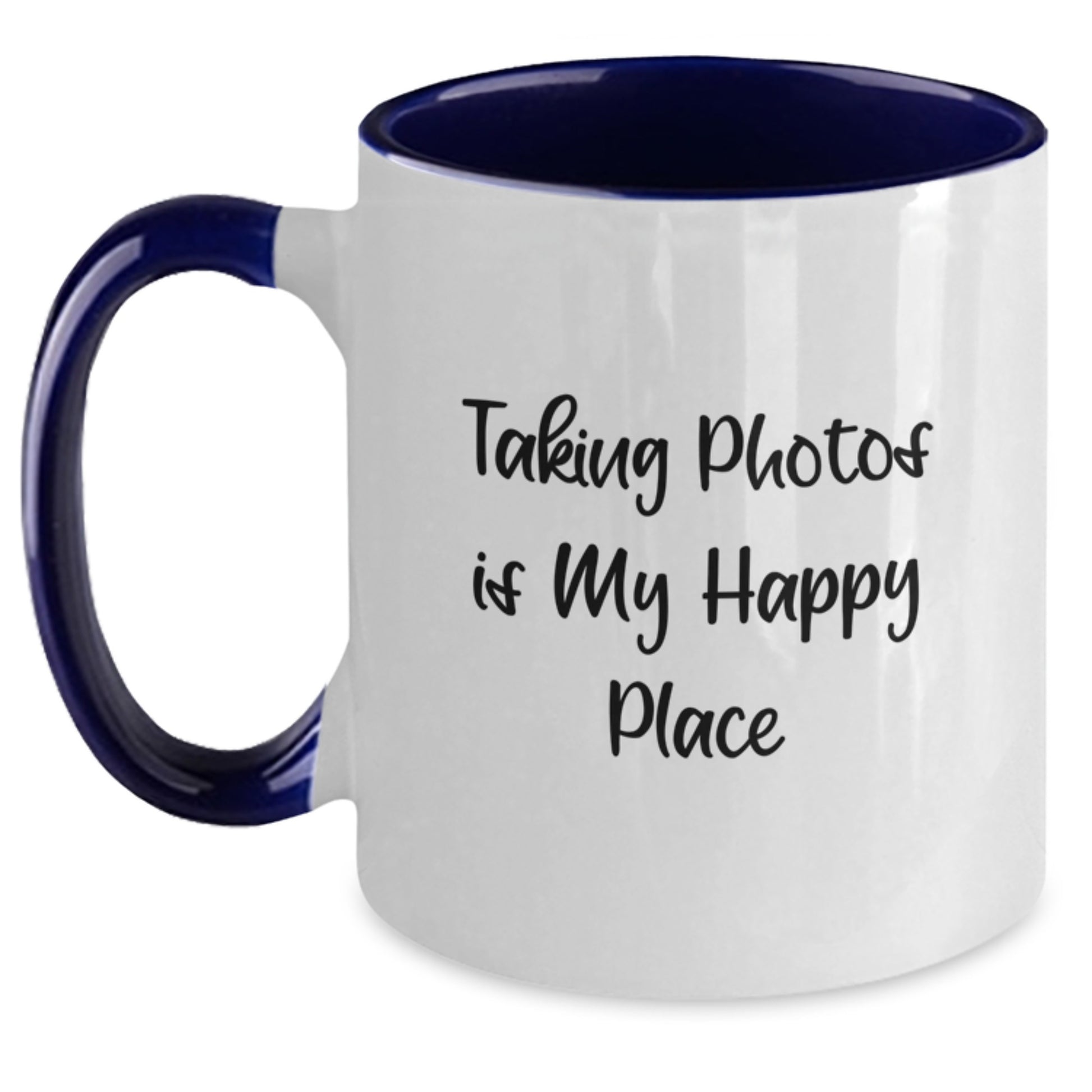 Taking Photos Gifts from Friends for Taking Photos Lovers, Two Tone Coffee Mug, Funny Quote 'Taking Photos Is My Happy Place' for Graduation Unique Gifts - Main
