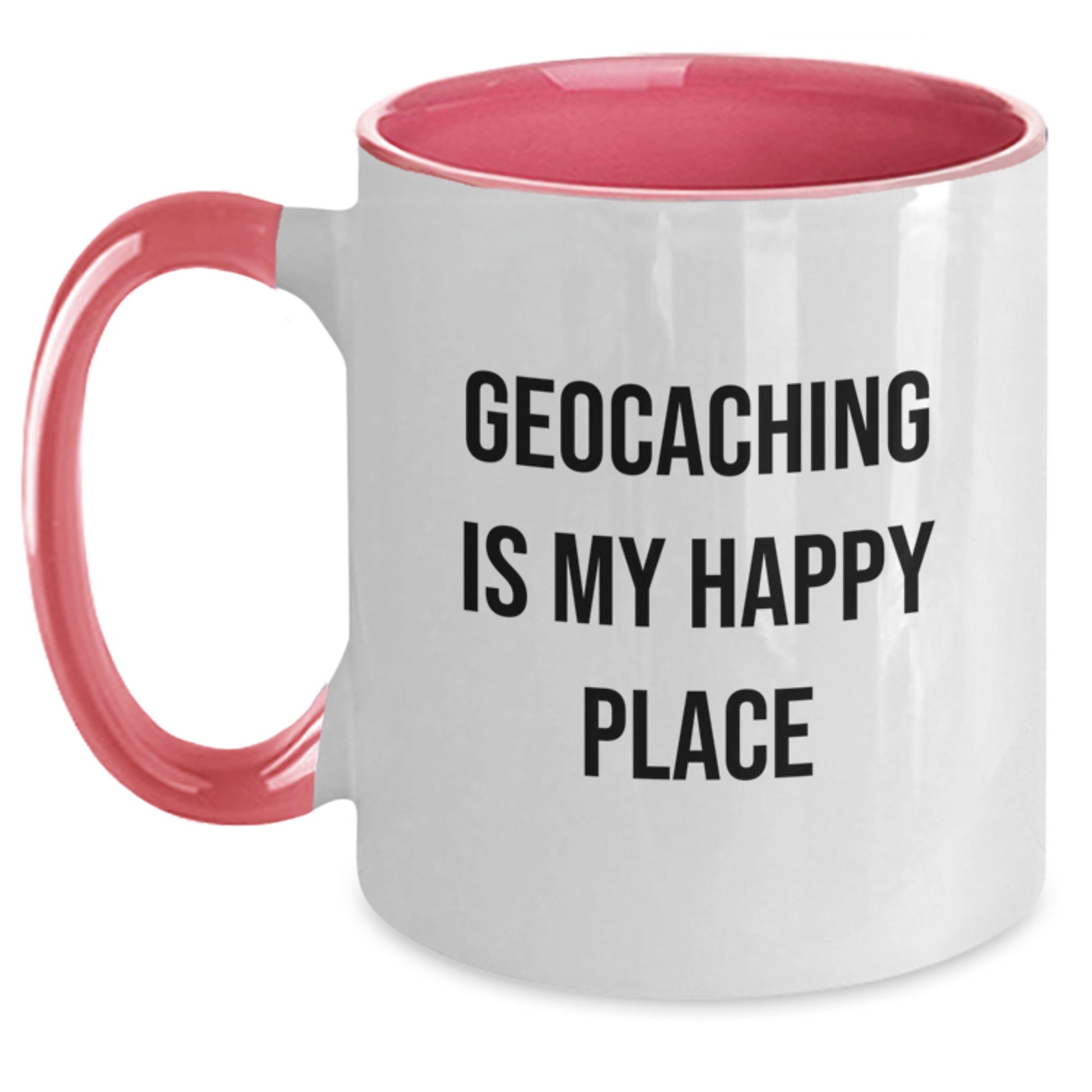 Funny Geocaching Gifts from Friends for Geocaching Enthusiasts, Two Tone Coffee Mug, Inspirational Quote - Geocaching Is My Happy Place - Main