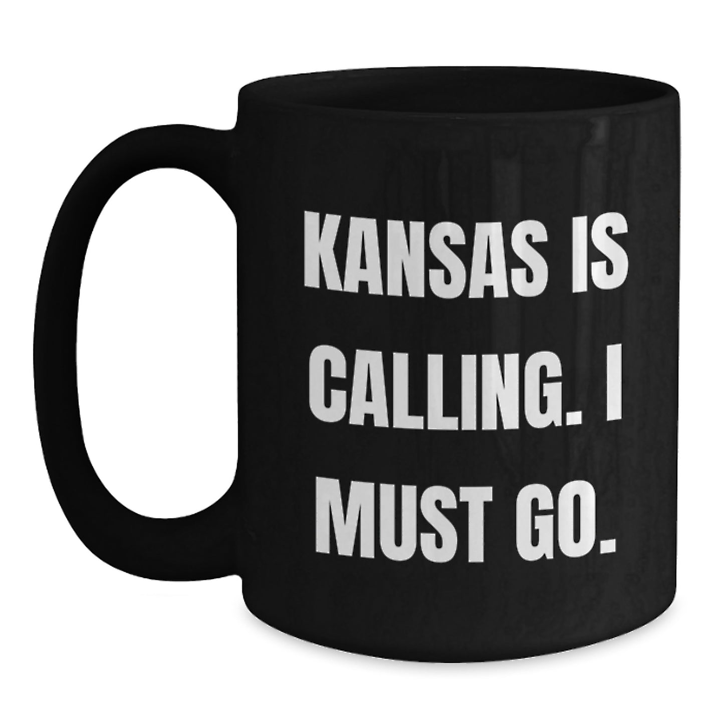 Kansas Enthusiast Funny Black Coffee Mugs Gifts from Kansas for Friends Birthday, 'Kansas Is Calling. I Must Go.', Black Ceramic Mug, 11oz or 15oz, Microwave and Dishwasher Safe - Main