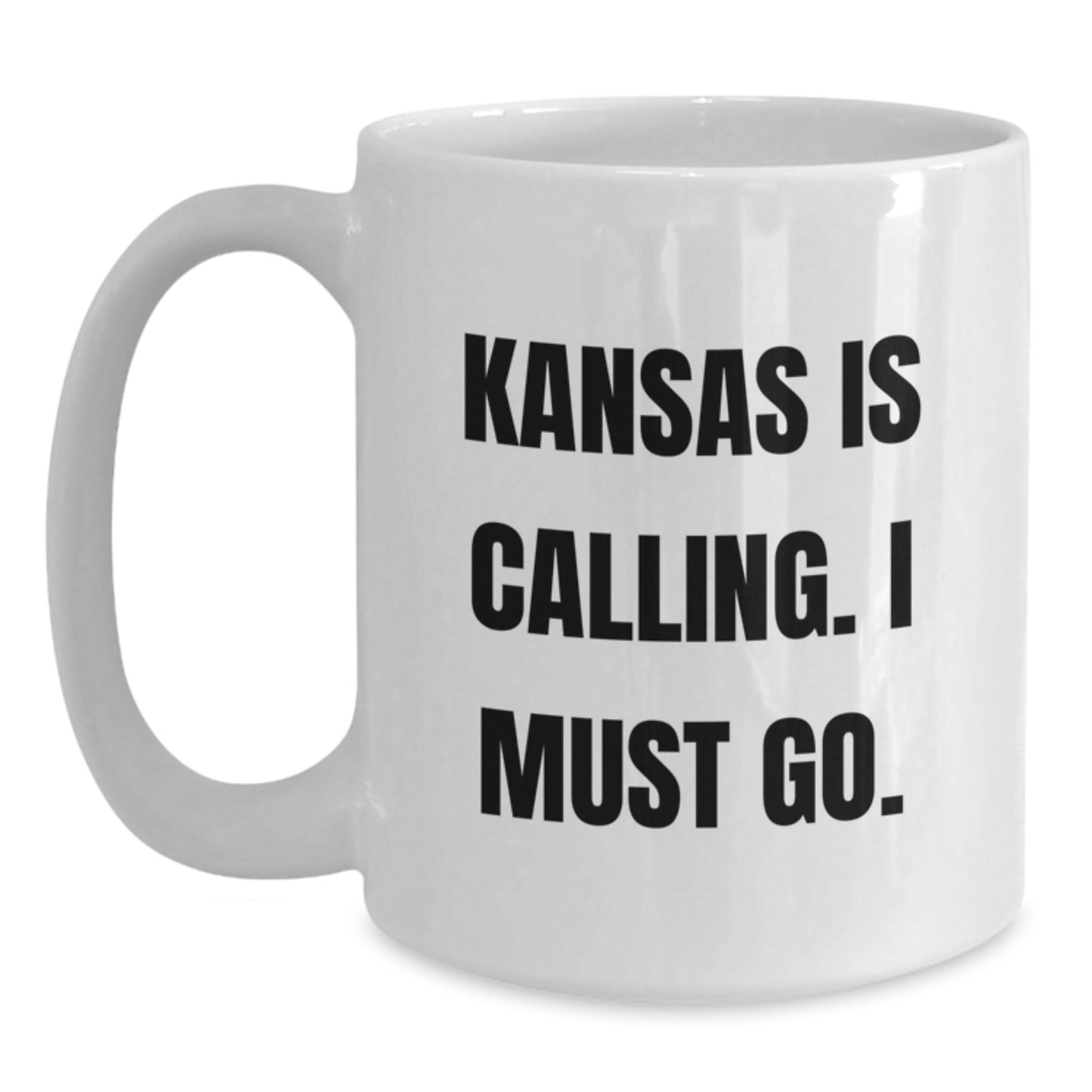 Kansas Gifts, Funny White Coffee Mug, 'Kansas Is Calling. I Must Go.' Quote Gifts for Kansas Lovers - White 11oz or 15oz Ceramic Coffee Mug for Birthday Unique Gifts from Friends to Family - Main