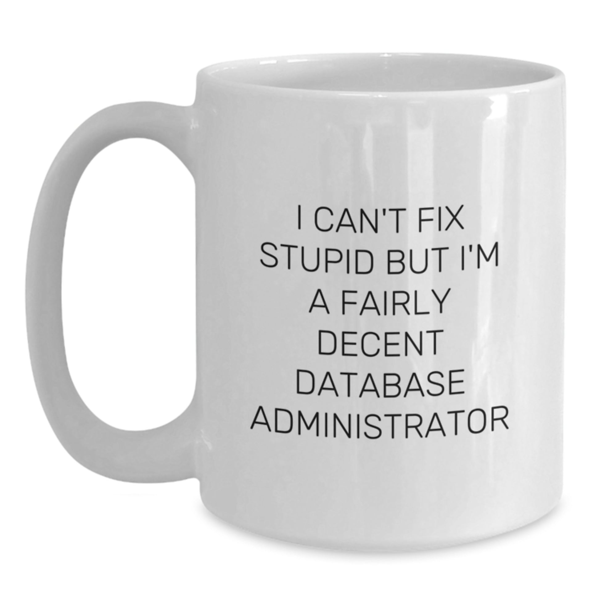 Gifts for Database Administrator Friends Funny White Coffee Mug, I Can't Fix Stupid But I'm A Fairly Decent Database Administrator, White Mug for Men, Unique Graduation Gifts from Family - Main