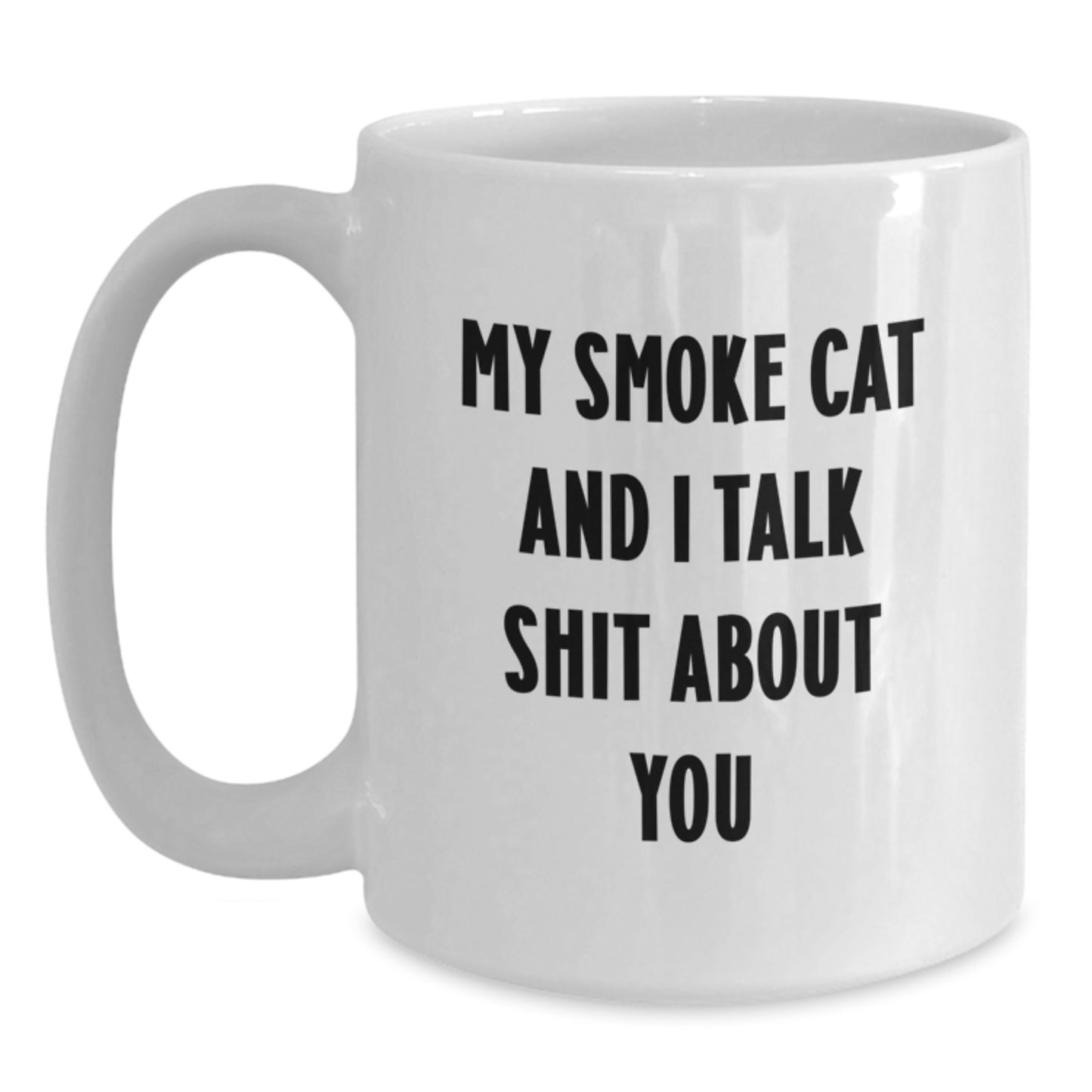 Funny Smoke Cat Gifts for Men - White Coffee Mug - Graduation Unique Gifts from Friends - 'My Smoke Cat And I Talk Shit About You' - Main