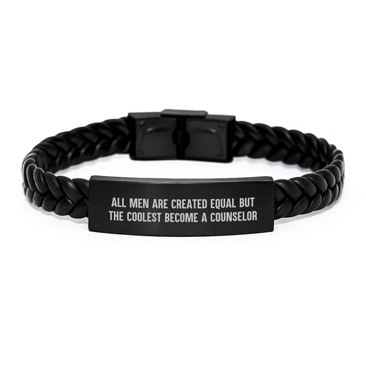 Cute Counselor Gifts from Men for Dad on Father's Day Unique Interlaced Leather Bracelet with Quote 'All Men Are Created Equal But The Coolest Become A Counselor' - Image 1