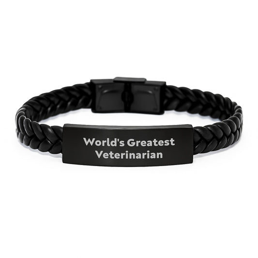 World's Greatest Veterinarian, Funny Quote, Unique Gifts for Veterinarians on Graduation, Leather Interlaced Bracelet for Men Women Friends Family, Gifts from Loved Ones - Image 1