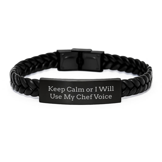 Funny Chef Gifts for Men Keep Calm Or I Will Use My Chef Voice Birthday Unique Interlaced Leather Bracelet - Image 1