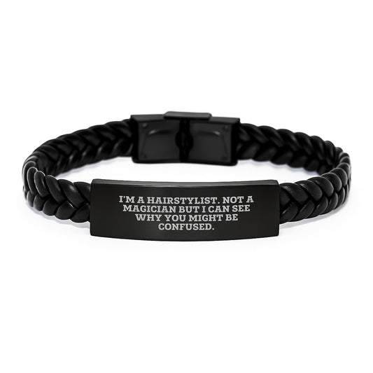 Funny Hairstylist Gifts for Men from Friends - Interlaced Leather Bracelet with Graduation Unique Gifts - Image 1