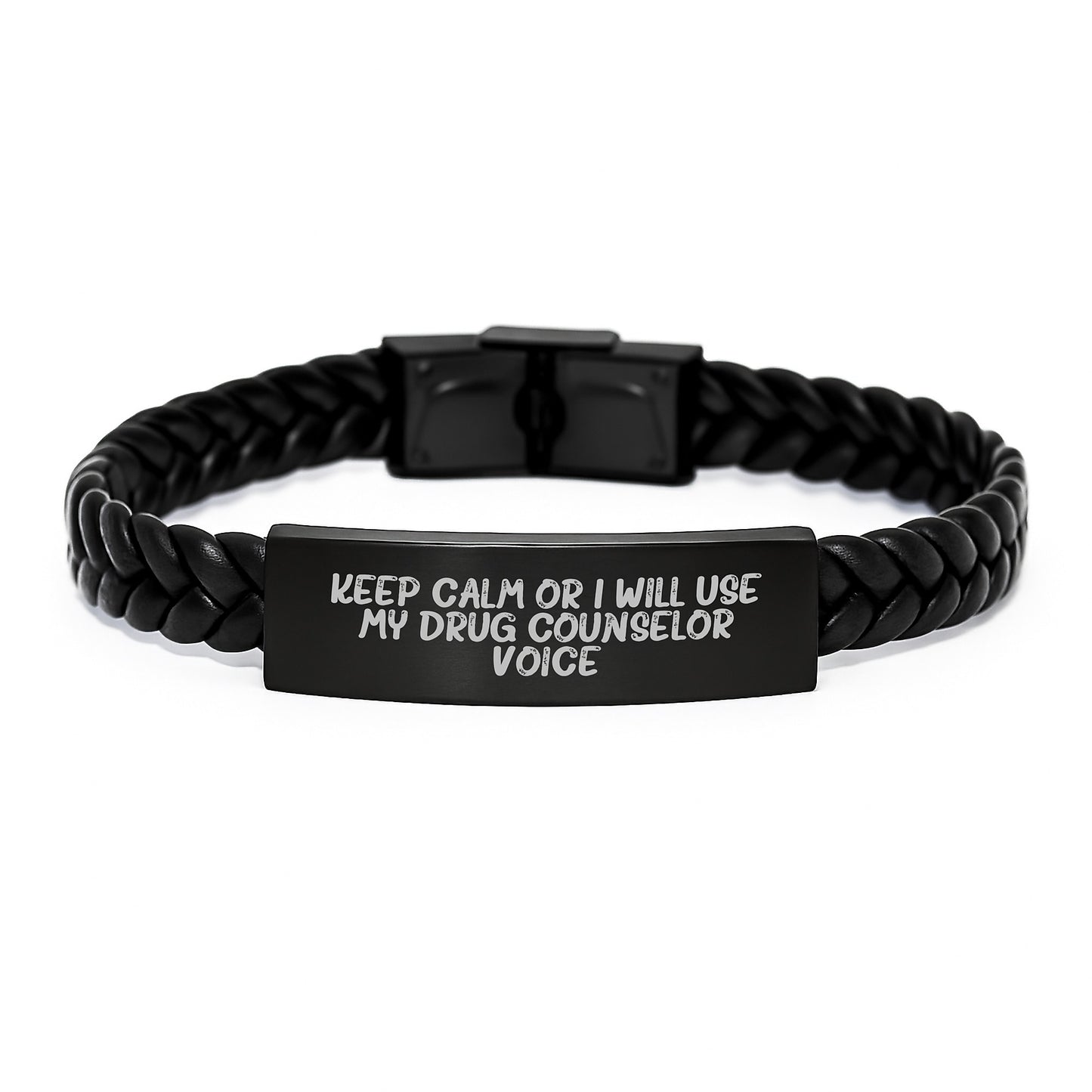 Funny Drug Counselor Gifts from Friends for Men Graduation Unique Interlaced Leather Bracelet, Keep Calm Or I Will Use My Drug Counselor Voice on - Image 1