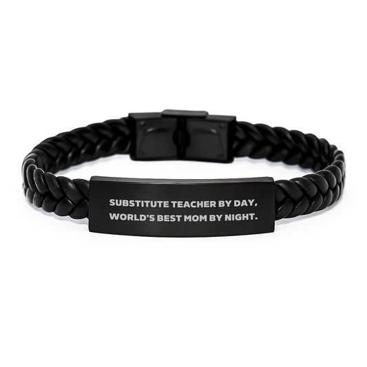Unique Gifts for Substitute Teacher by Day, World's Best Mom by Night, Interlaced Leather Bracelet for Birthday - Image 1