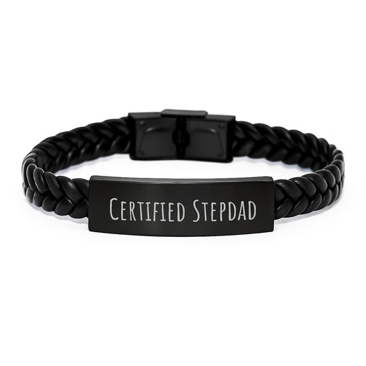 Funny Stepdad Gifts - Certified Stepdad Quote, Interlaced Leather Bracelet for Birthday Unique Gifts from Family - Image 1