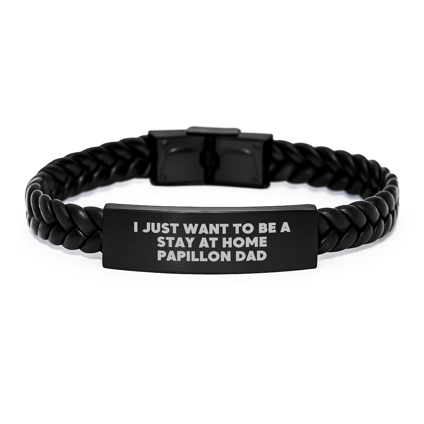 Papillon Dog Lover's Gift, Valentine's Unique Gifts from Men to Papillon Dog Dad, 'I Just Want To Be A Stay At Home Papillon Dad' Interlaced Leather Bracelet - Image 1