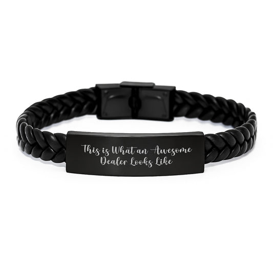 Funny Dealer Gifts from Men on Valentine's - Interlaced Leather Bracelet with Stainless Steel Engraving, Perfect for Dealer Friends - This Is What An Awesome Dealer Looks Like - Image 1