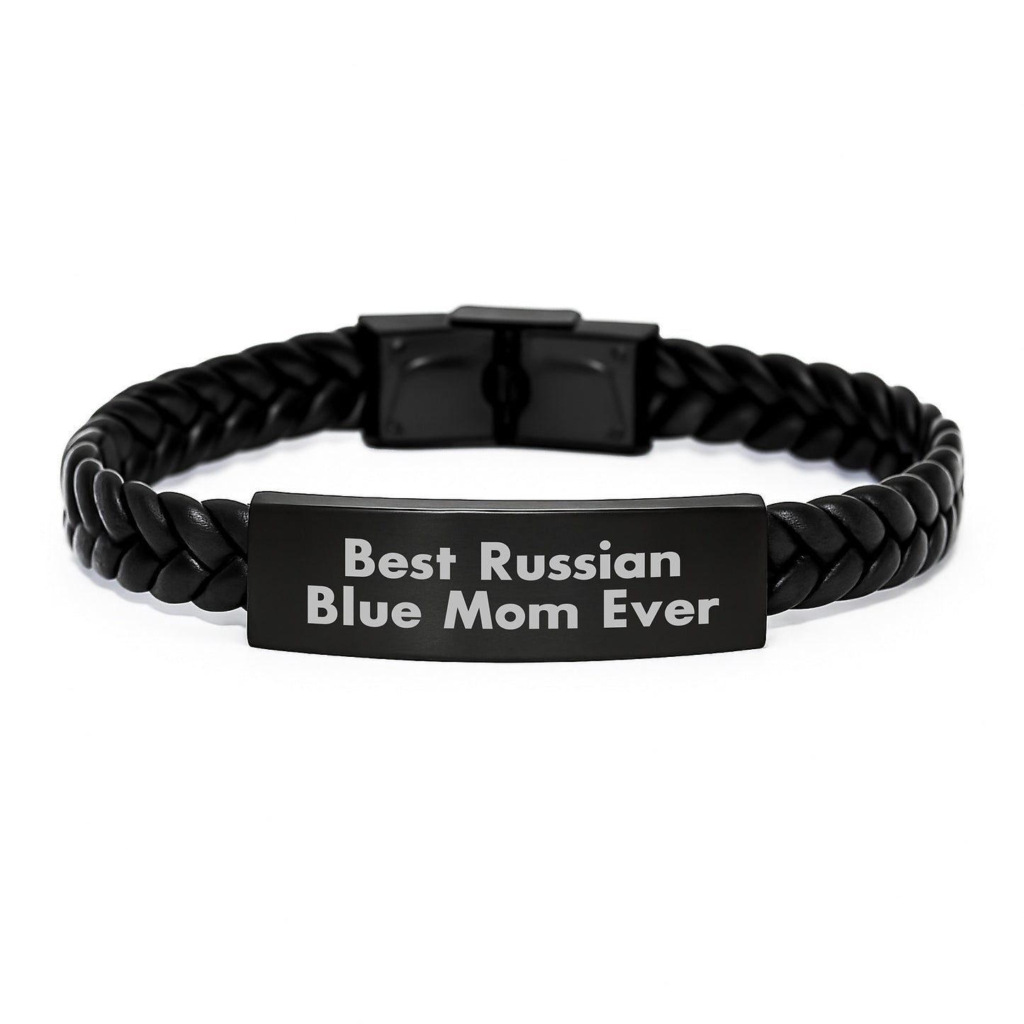 Russian Blue Cat Lover Gifts from Family, Unique Birthday Unique Gifts for Russian Blue Cat, Interlaced Leather Bracelet with Funny Quote 'Best Russian Blue Mom Ever' - Image 1