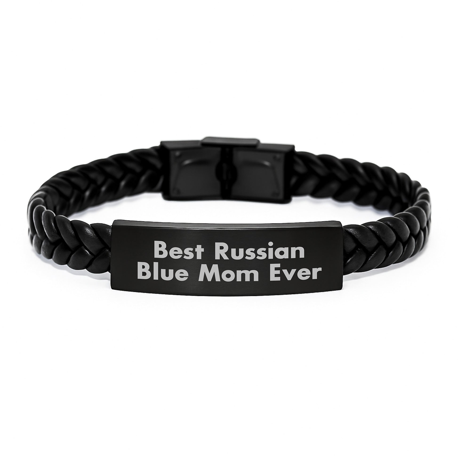 Russian Blue Cat Lover Gifts from Family, Unique Birthday Unique Gifts for Russian Blue Cat, Interlaced Leather Bracelet with Funny Quote 'Best Russian Blue Mom Ever' - Image 1