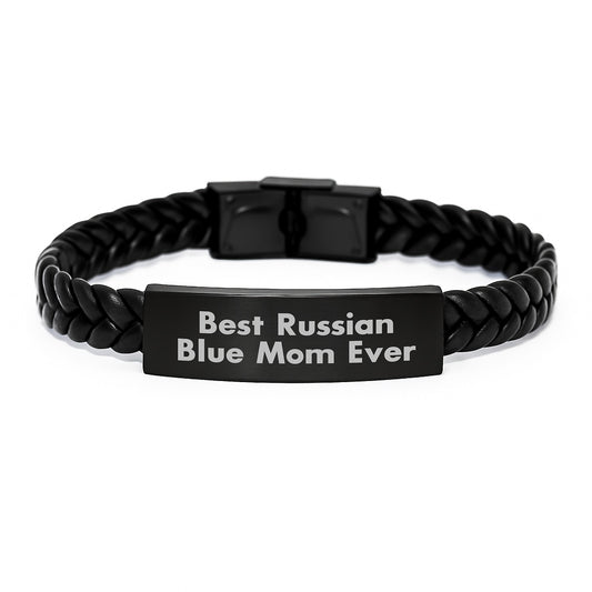 Russian Blue Cat Lover Gifts from Family, Unique Birthday Unique Gifts for Russian Blue Cat, Interlaced Leather Bracelet with Funny Quote 'Best Russian Blue Mom Ever' - Image 1