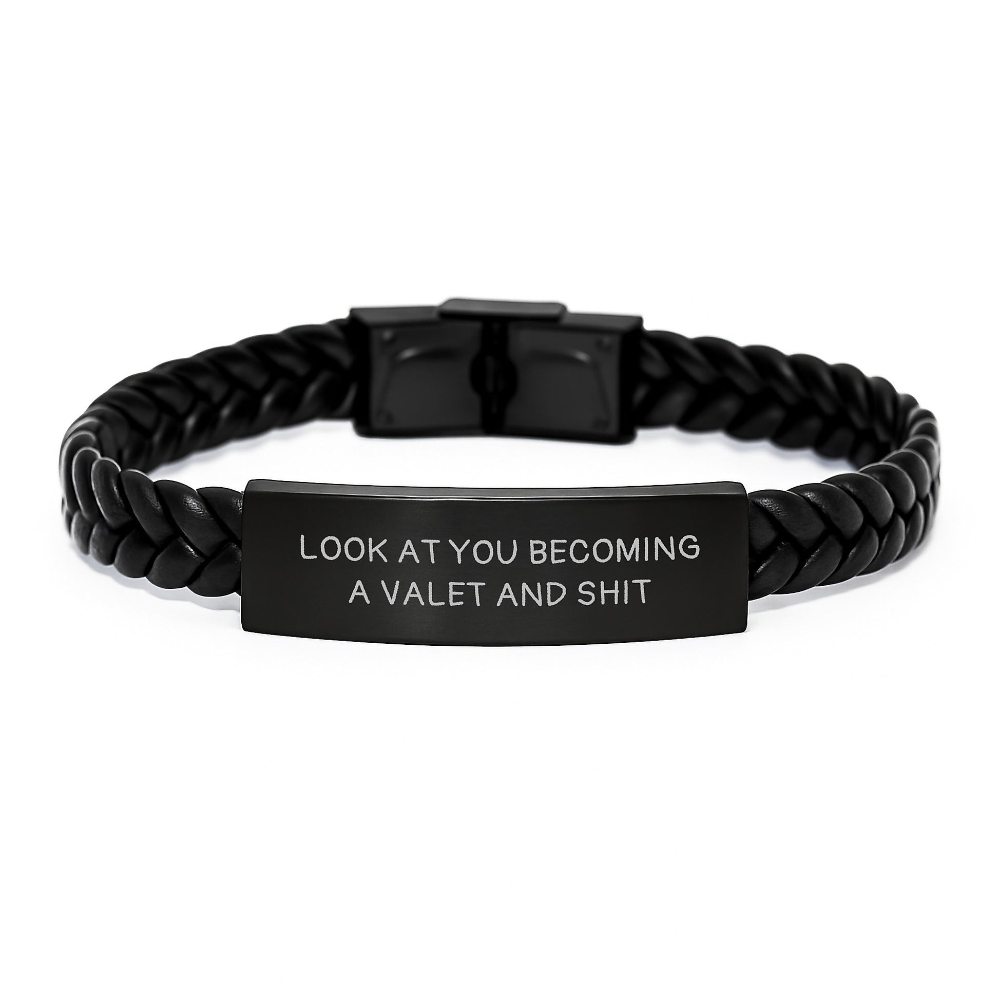Funny Valet Interlaced Leather Bracelet Gifts for Him, Unique Graduation Presents from Friends, Coworkers, Family - 'Look At You Becoming A Valet And Shit' Style Stainless Steel - Image 1
