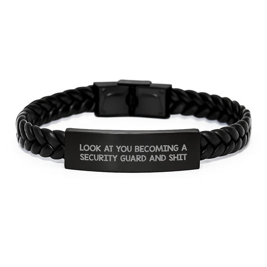Funny Secured Style Gifts for Security Guard Men, Interlaced Leather Bracelet for Security Guard Graduation, Unique Sh*t Security Guard Gift Ideas - Image 1