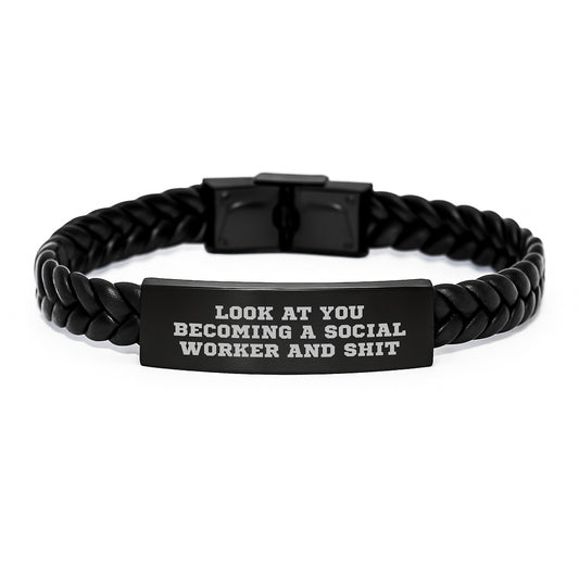 Unique Social Worker Gifts from Friends - Funny Mom Social Worker Interlaced Leather Bracelet for Social Worker Day - Image 1