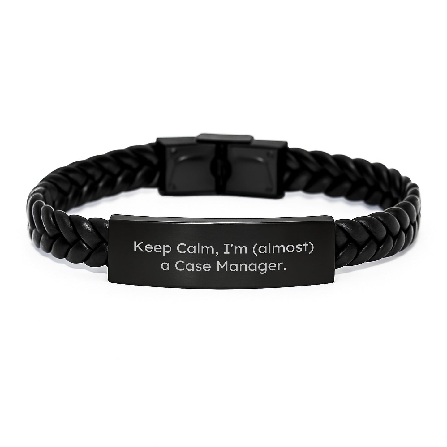 Case Manager Gifts from Friends - Funny Interlaced Leather Bracelet, Birthday Unique Gifts for Case Manager, Keep 'Calm, I'm (almost) A Case Manager' Stainless Steel and PU Leather Men's Bracelet - Image 1