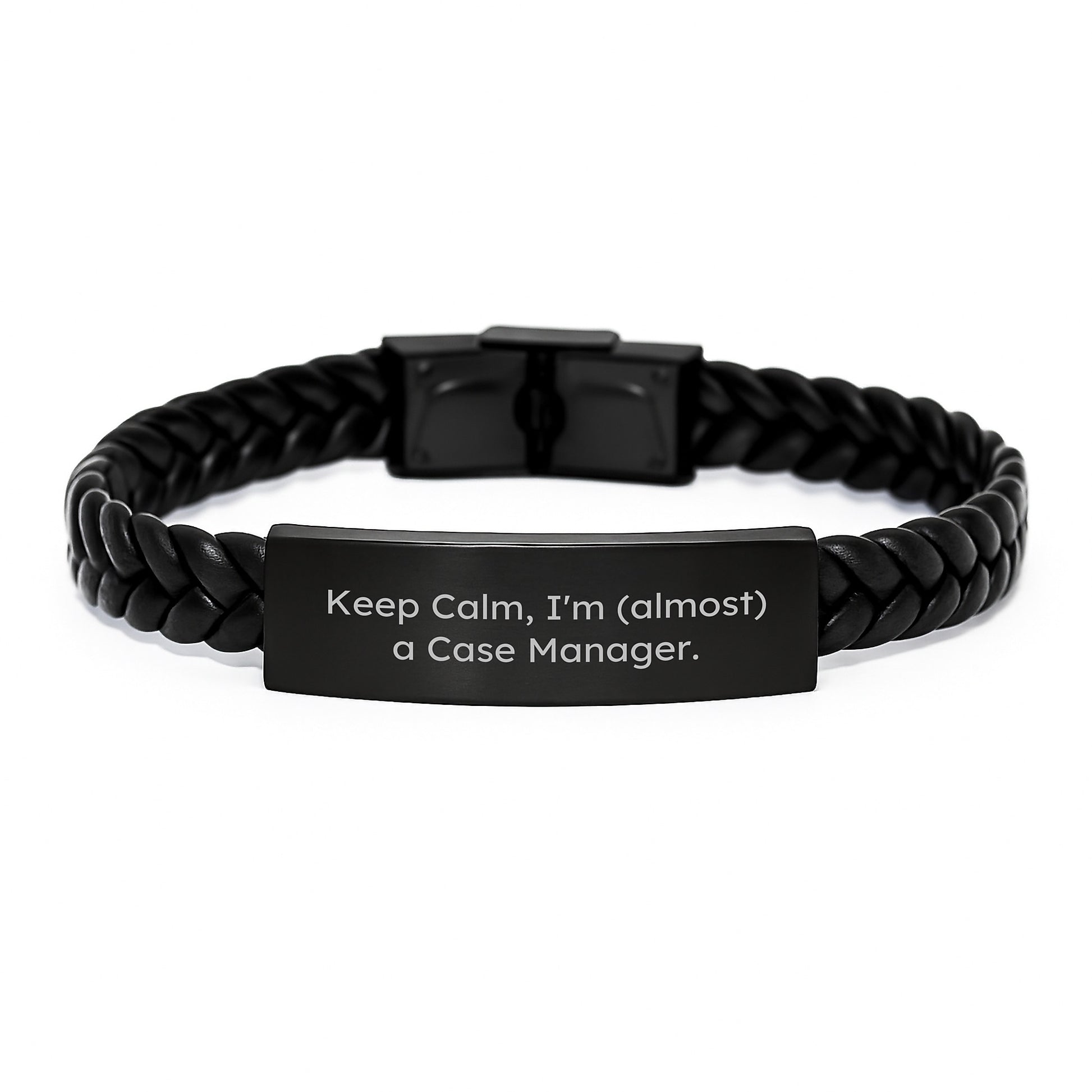 Case Manager Gifts from Friends - Funny Interlaced Leather Bracelet, Birthday Unique Gifts for Case Manager, Keep 'Calm, I'm (almost) A Case Manager' Stainless Steel and PU Leather Men's Bracelet - Image 1