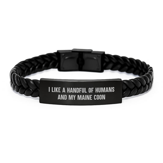 Funny Maine Coon Cat Lover Gifts from Men to Friends on Birthday - Interlaced Leather Bracelet for Women, Men, Family, or Maine Coon Cat Enthusiast - 'I Like A Handful Of Humans And My Maine Coon' - Image 1